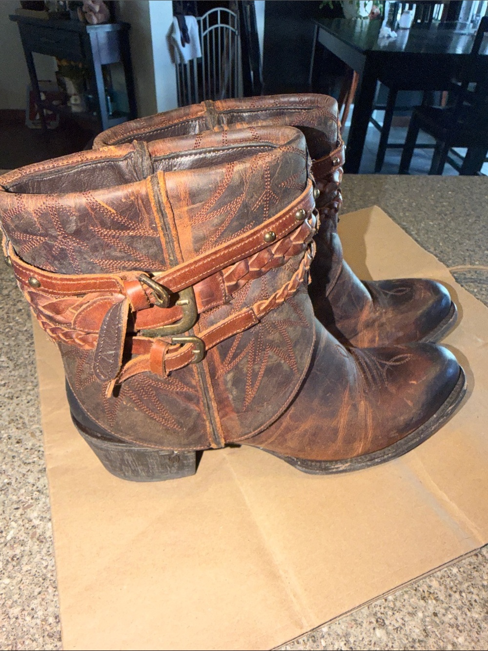 Lane Dove Western Boots Distressed Leather Ankle Booties with Braided Strap